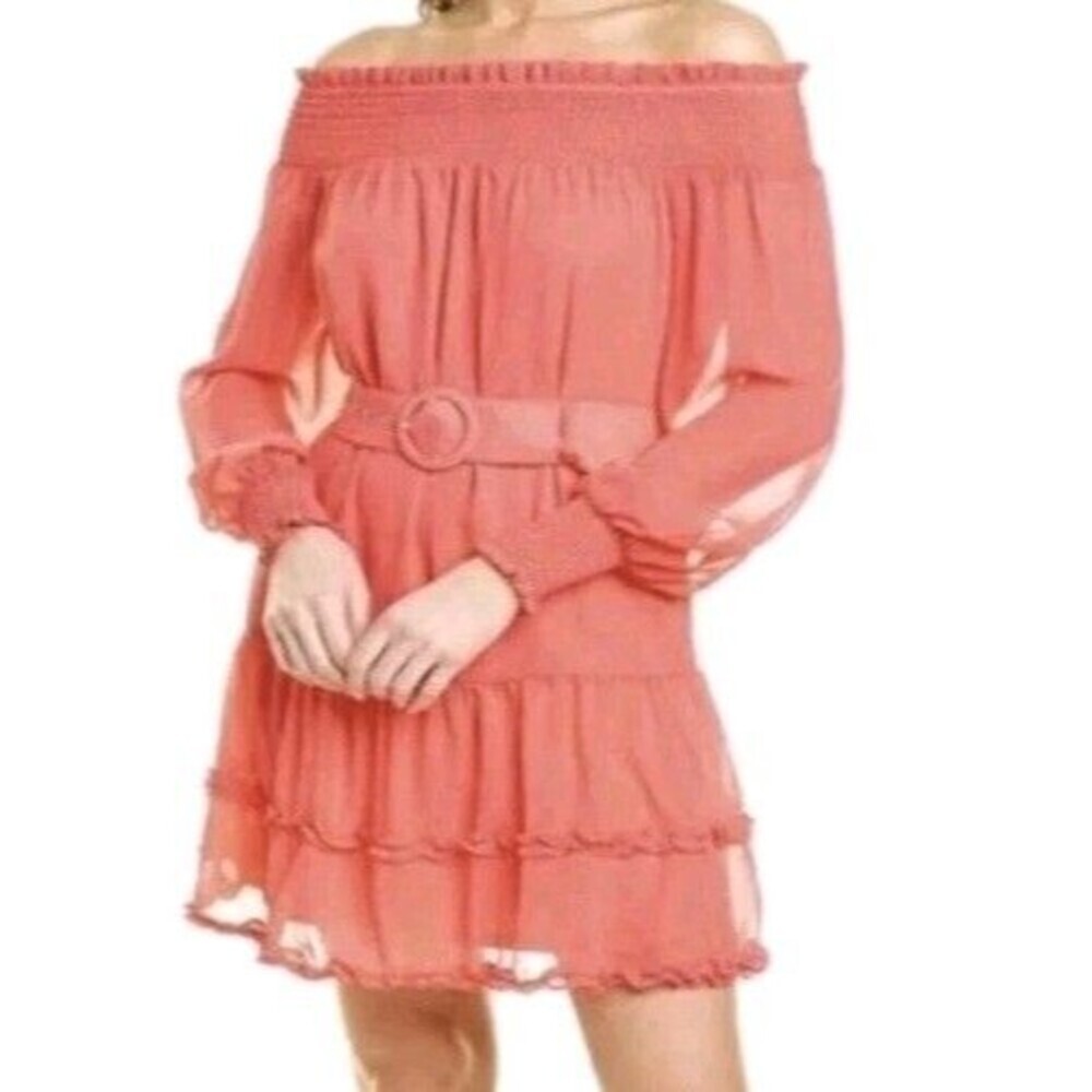 BCBGeneration Off Shoulder Belted Dress Size 12 Coral Pink Smocked Ruffled New